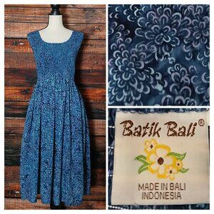 Batik Bali Midi Dress S M Smocked Bodice Rayon Blue Floral Pockets